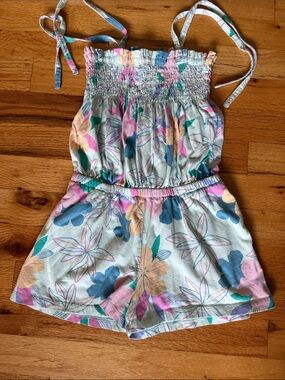 Tea Collection Floral Smocked Romper in Pink, Blue & Yellow